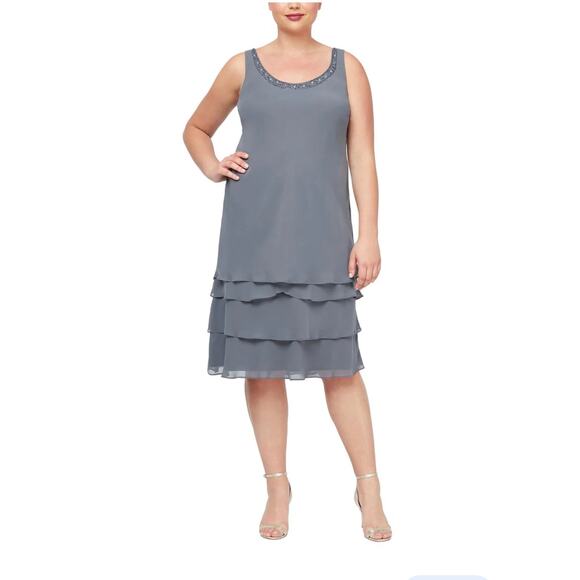 SL Fashions NY, Gray, Tier Beaded Neckline, Women's 10 Dress - Picture 2 of 13